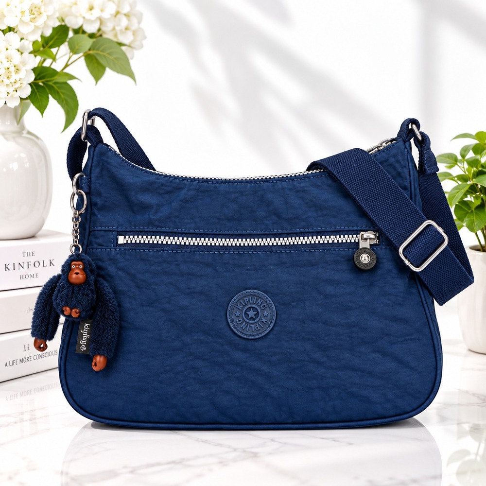 Kipling Callie Nylon Navy Blue Crossbody Bag with Furry Monkey Keychain Charm